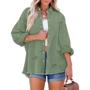 LookbookStore Womens Denim Jacket Oversized Button Down Shirts Jean Shacket Distressed Frayed Coat