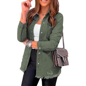 LookbookStore Womens Denim Jacket Western Button Up Shirts Distressed Ripped Jean Shacket Frayed Hem