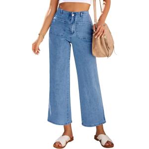 LookbookStore Womens Jeans High Waisted Trendy Cropped Wide Leg Baggy Stretchy Denim Jean Pants Pocket Trousers Jeans(Medium Blue)