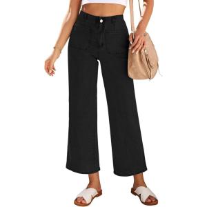 LookbookStore Womens Jeans High Waisted Trendy Cropped Wide Leg Baggy Stretchy Denim Jean Pants Pocket Trousers Jeans(Washed Black)
