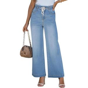 LookbookStore Womens Jeans Wide Leg High Waisted Trendy Elastic Wasit Drawstring Stretch Denim Pants Baggy Trouser Jeans(Azure Mood)