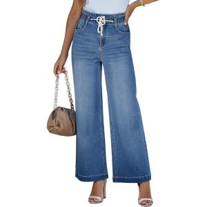 LookbookStore Womens Jeans Wide Leg High Waisted Trendy Elastic Wasit Drawstring Stretch Denim Pants Baggy Trouser Jeans(Classic Blue)