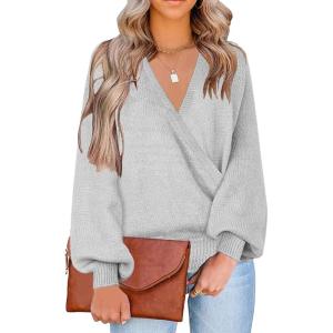 LookbookStore Women’s Knit Long Sleeve Faux Wrap Surplice V Neck Sweater Top