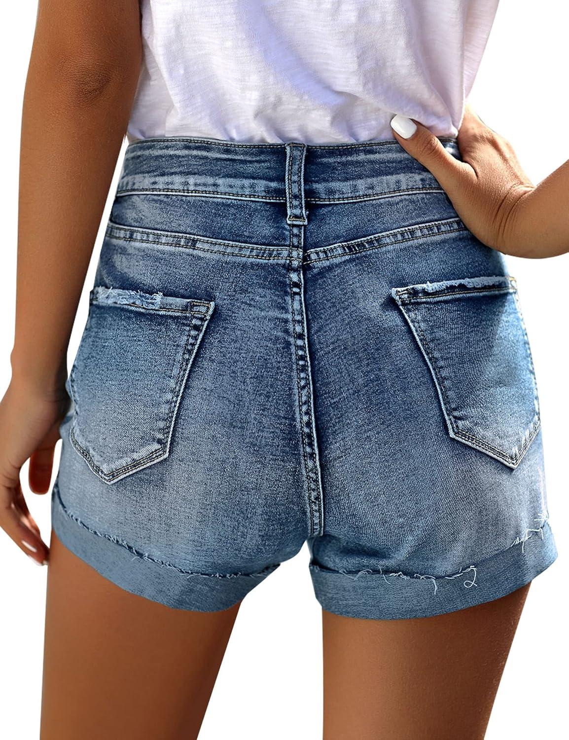imageLookbookStore Women Summer High Waisted Sewn Cuffed Hem Buttons Denim Jean Shorts