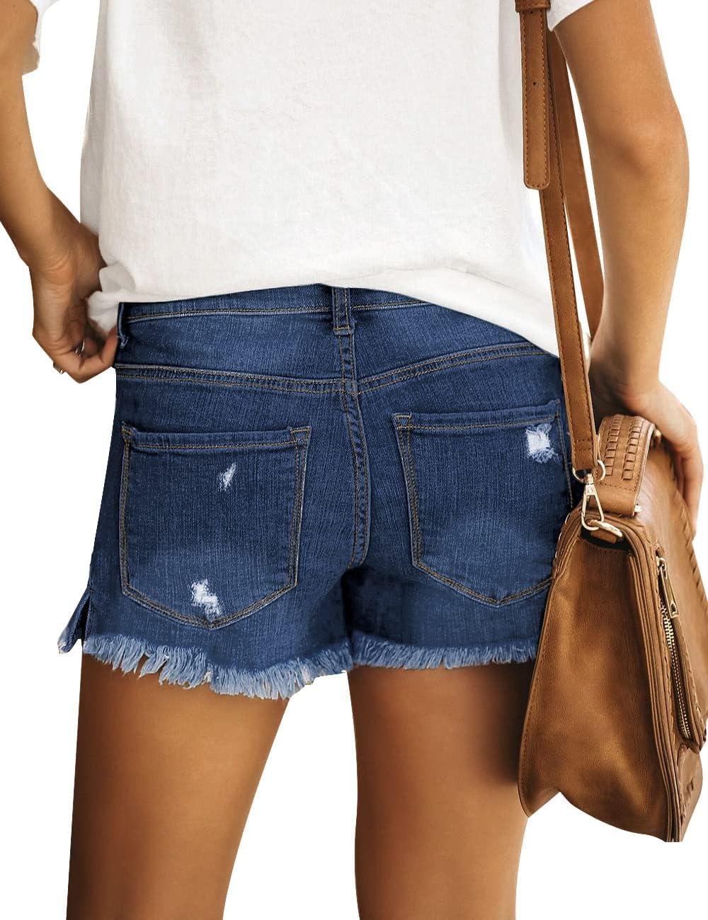 imageLookbookStore Womens Casual Mid Rise Ripped Denim Shorts Frayed Raw Hem Jeans