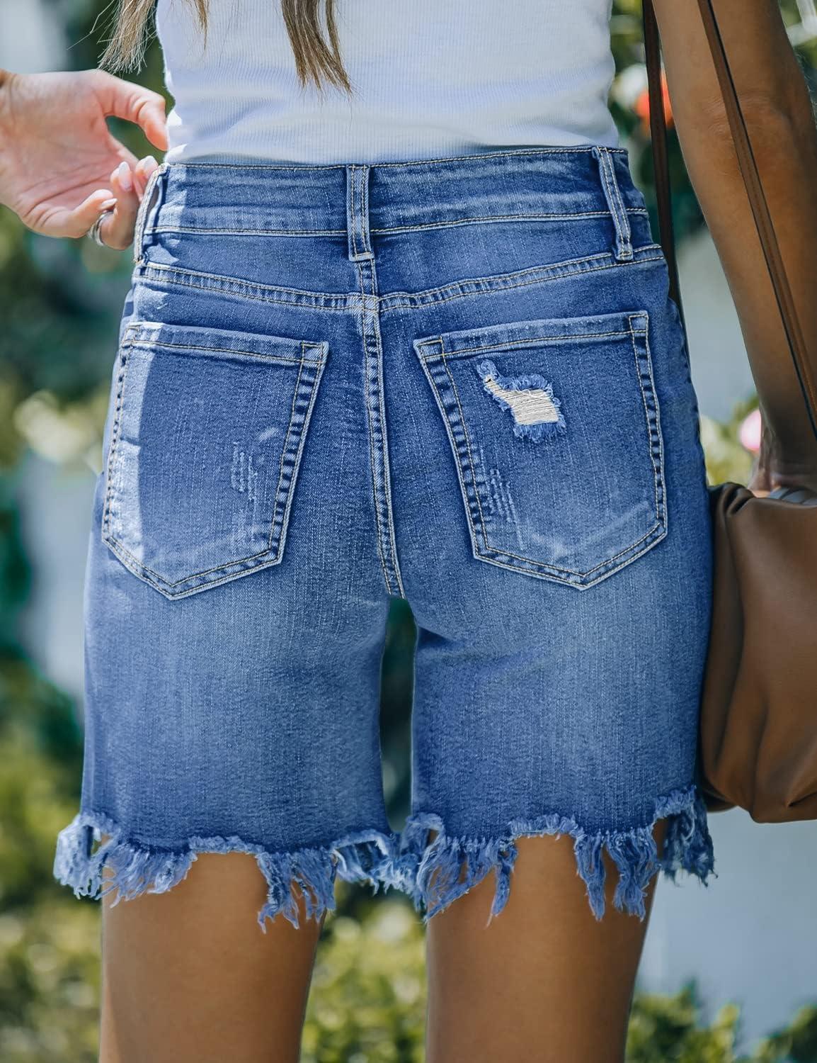 imageLookbookStore Womens High Waisted Jean Shorts Distressed Ripped Denim Shorts Frayed Hem Casual Shorts