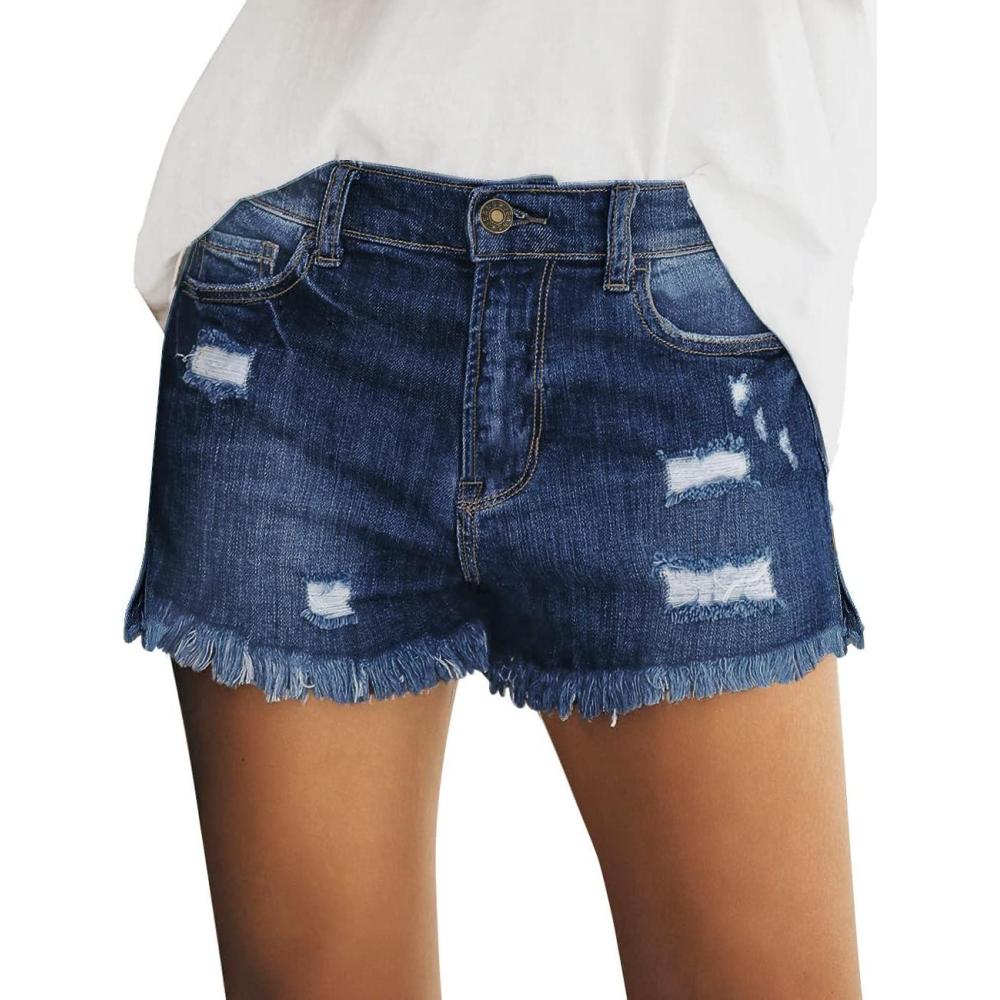 imageLookbookStore Womens Casual Mid Rise Ripped Denim Shorts Frayed Raw Hem Jeans
