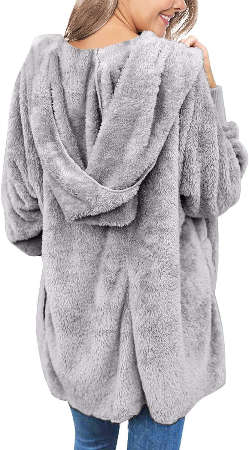 imageLookbookStore Womens Cardigan 2026 Winter Oversized Open Front Fleece Hooded Draped Pockets Jacket CoatsA Light Grey