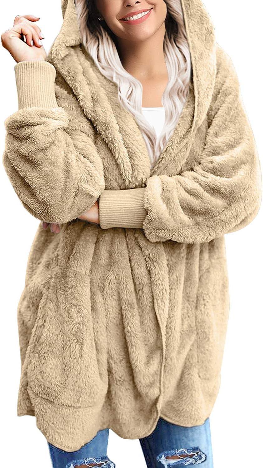 imageLookbookStore Womens Cardigan 2026 Winter Oversized Open Front Fleece Hooded Draped Pockets Jacket CoatsApricot