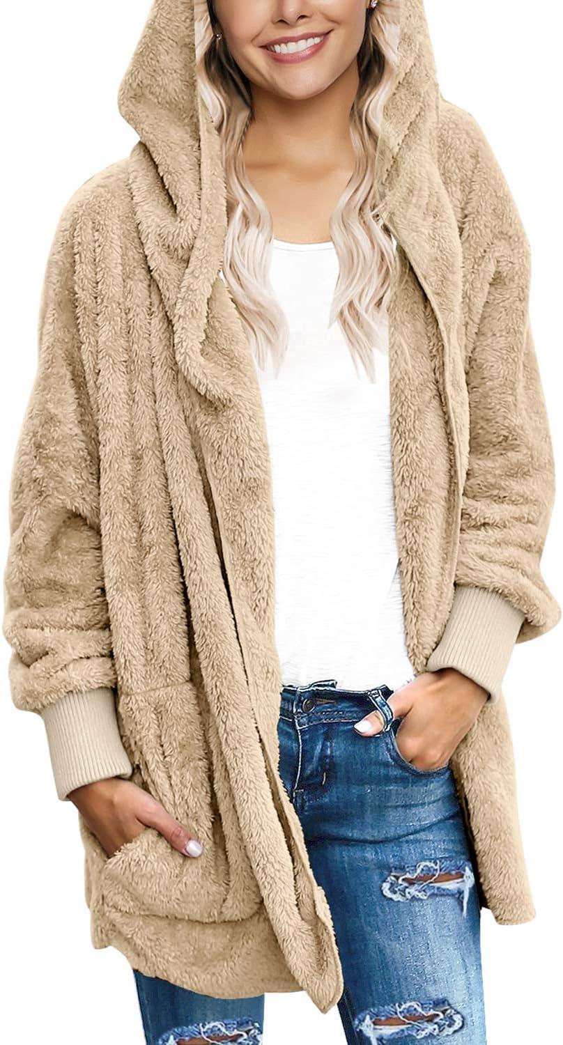 imageLookbookStore Womens Cardigan 2026 Winter Oversized Open Front Fleece Hooded Draped Pockets Jacket CoatsApricot