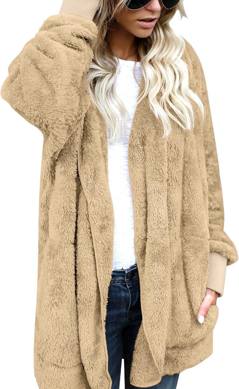 imageLookbookStore Womens Cardigan 2026 Winter Oversized Open Front Fleece Hooded Draped Pockets Jacket CoatsApricot