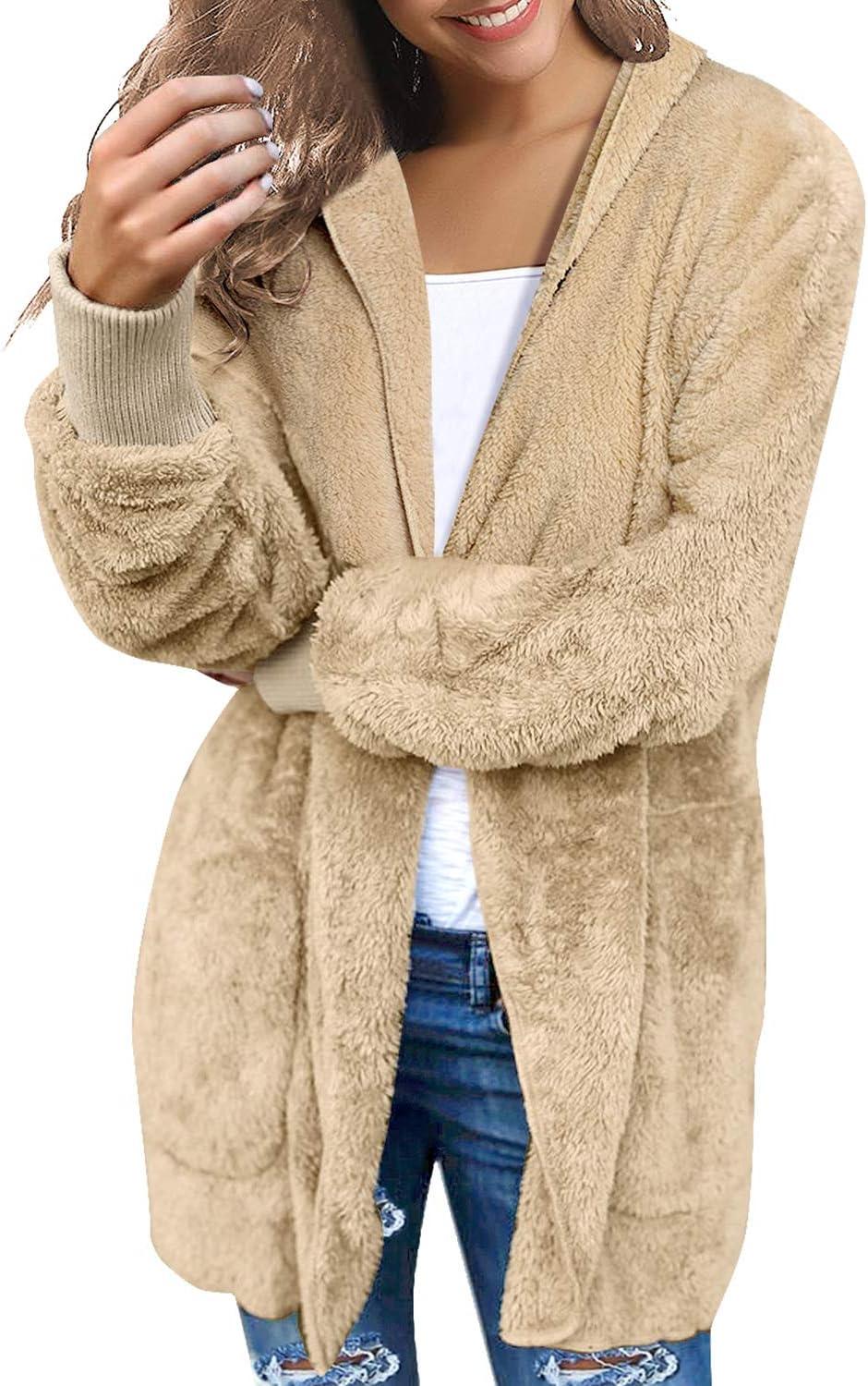 imageLookbookStore Womens Cardigan 2026 Winter Oversized Open Front Fleece Hooded Draped Pockets Jacket CoatsApricot