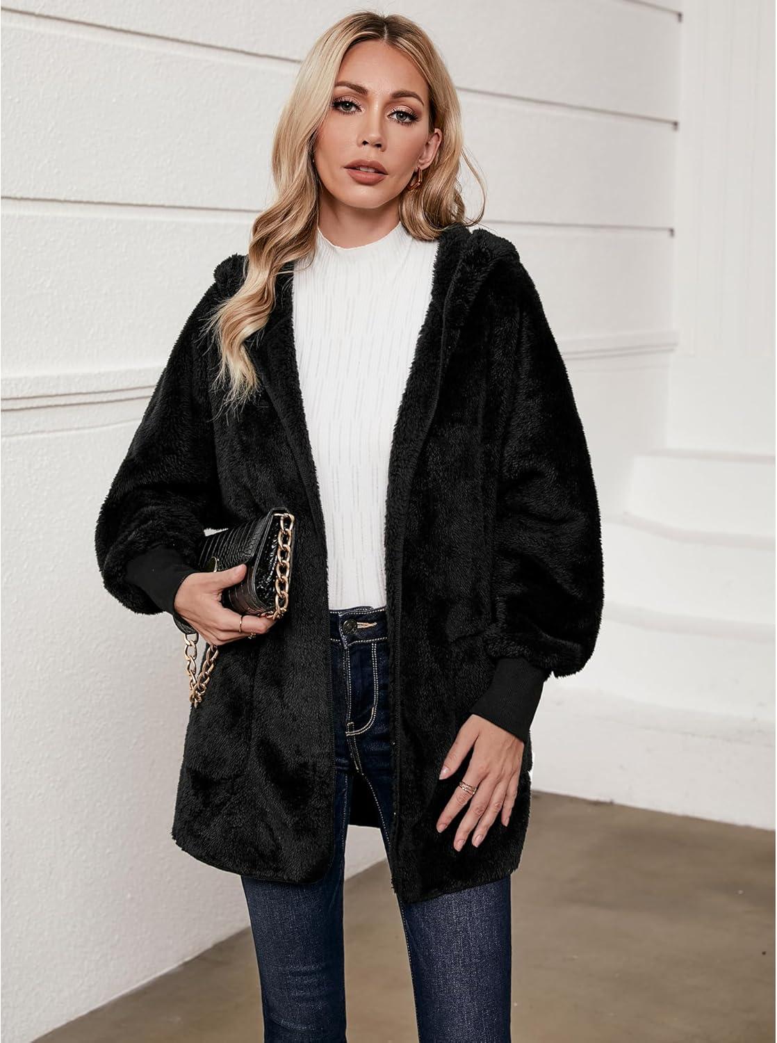 imageLookbookStore Womens Cardigan 2026 Winter Oversized Open Front Fleece Hooded Draped Pockets Jacket CoatsB Black