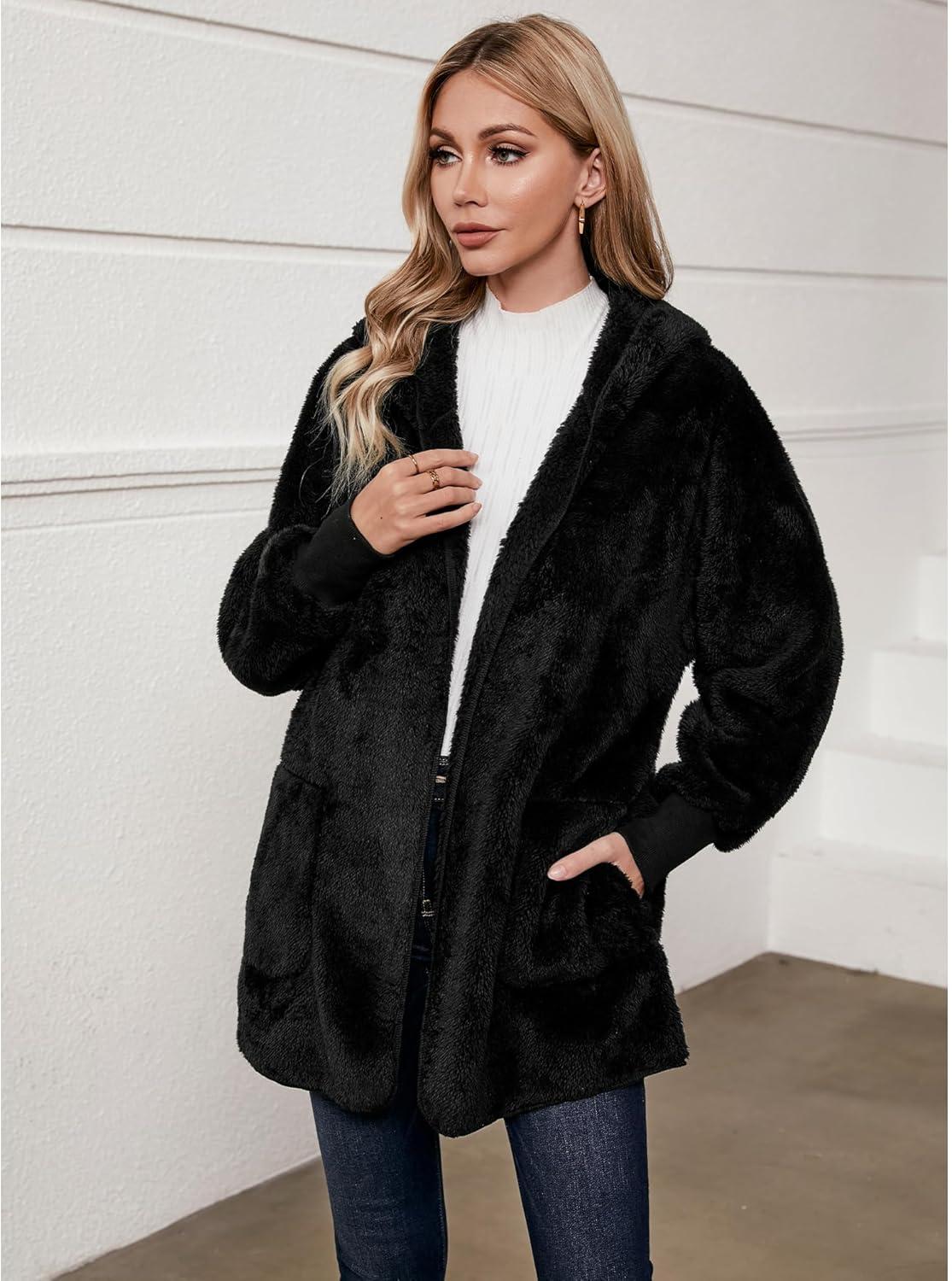 imageLookbookStore Womens Cardigan 2026 Winter Oversized Open Front Fleece Hooded Draped Pockets Jacket CoatsB Black