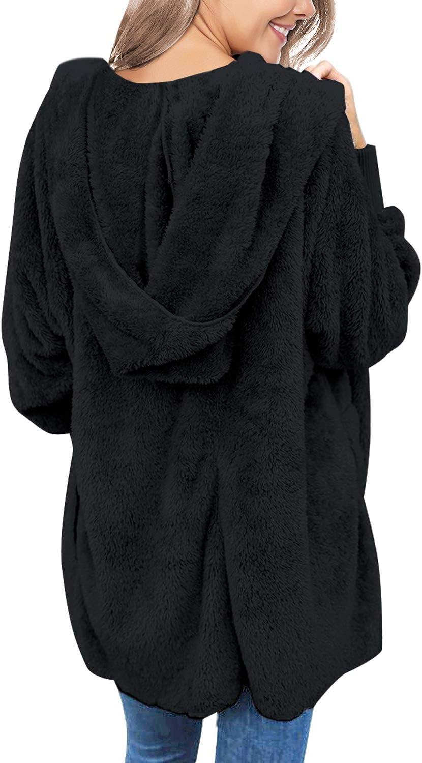 imageLookbookStore Womens Cardigan 2026 Winter Oversized Open Front Fleece Hooded Draped Pockets Jacket CoatsB Black
