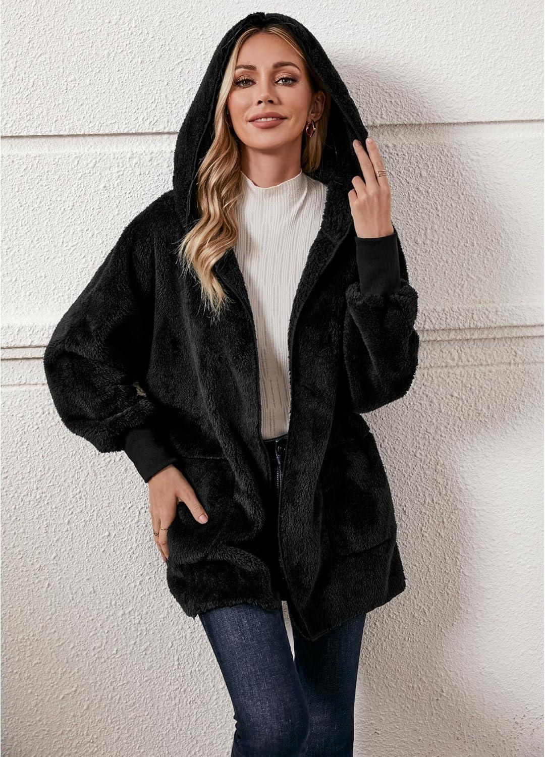 imageLookbookStore Womens Cardigan 2026 Winter Oversized Open Front Fleece Hooded Draped Pockets Jacket CoatsB Black