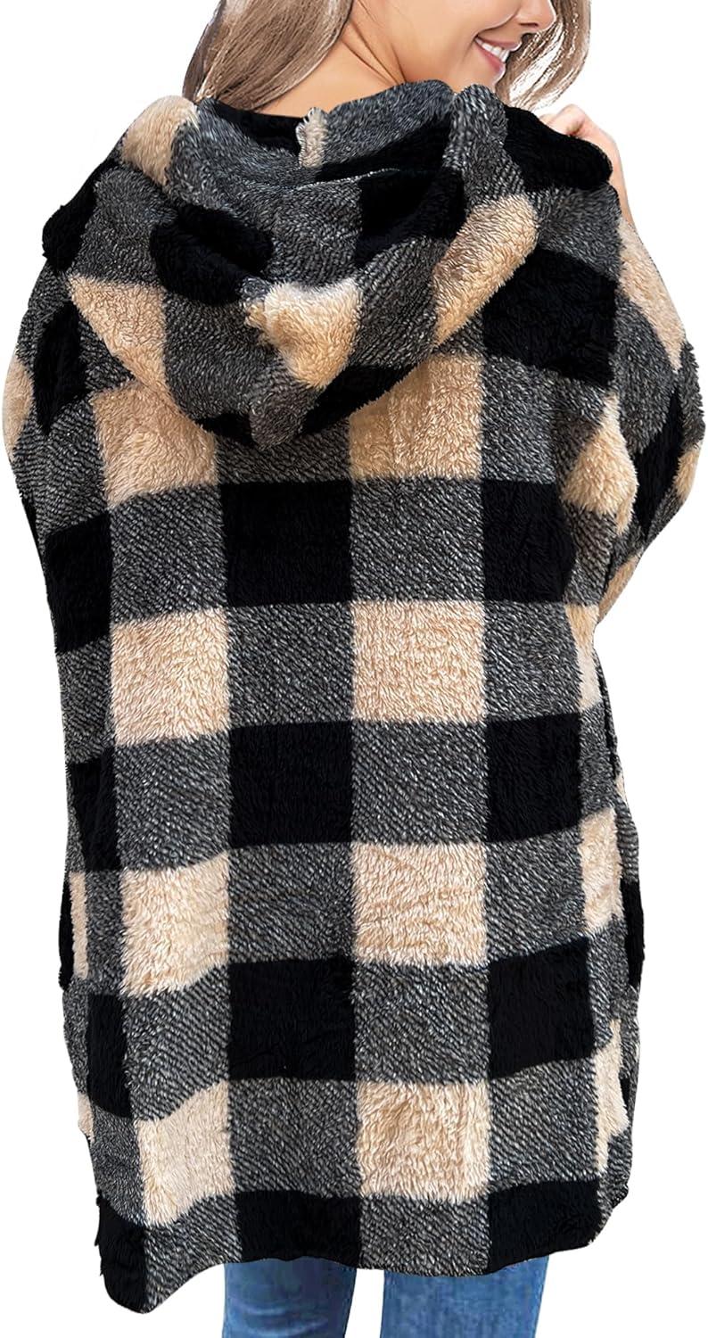 imageLookbookStore Womens Cardigan 2026 Winter Oversized Open Front Fleece Hooded Draped Pockets Jacket CoatsBlack Apricot Plaid