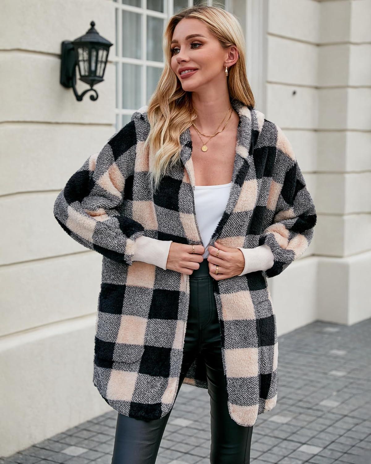 imageLookbookStore Womens Cardigan 2026 Winter Oversized Open Front Fleece Hooded Draped Pockets Jacket CoatsBlack Apricot Plaid
