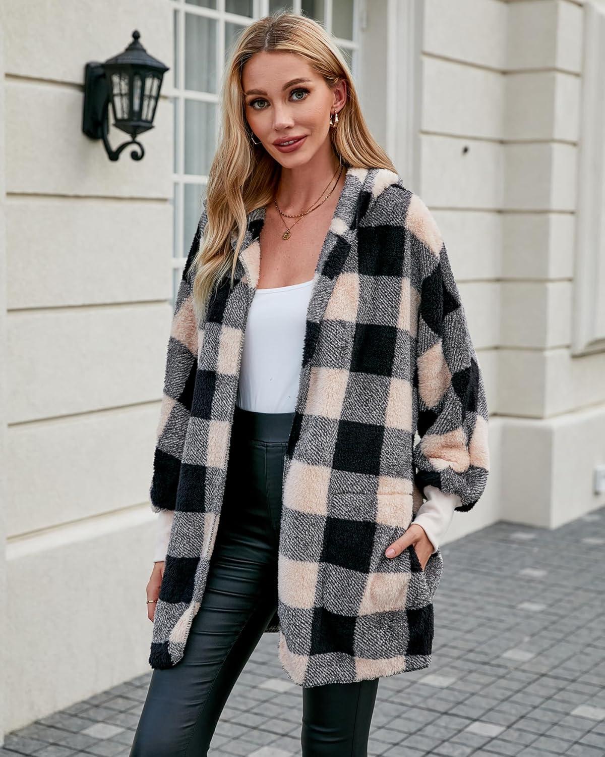imageLookbookStore Womens Cardigan 2026 Winter Oversized Open Front Fleece Hooded Draped Pockets Jacket CoatsBlack Apricot Plaid
