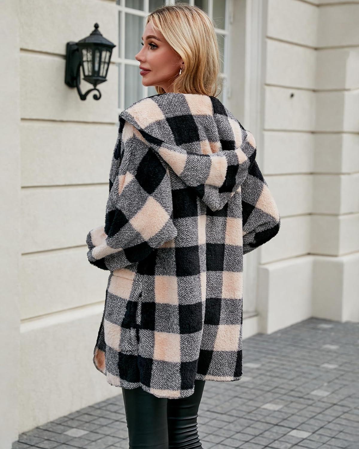 imageLookbookStore Womens Cardigan 2026 Winter Oversized Open Front Fleece Hooded Draped Pockets Jacket CoatsBlack Apricot Plaid