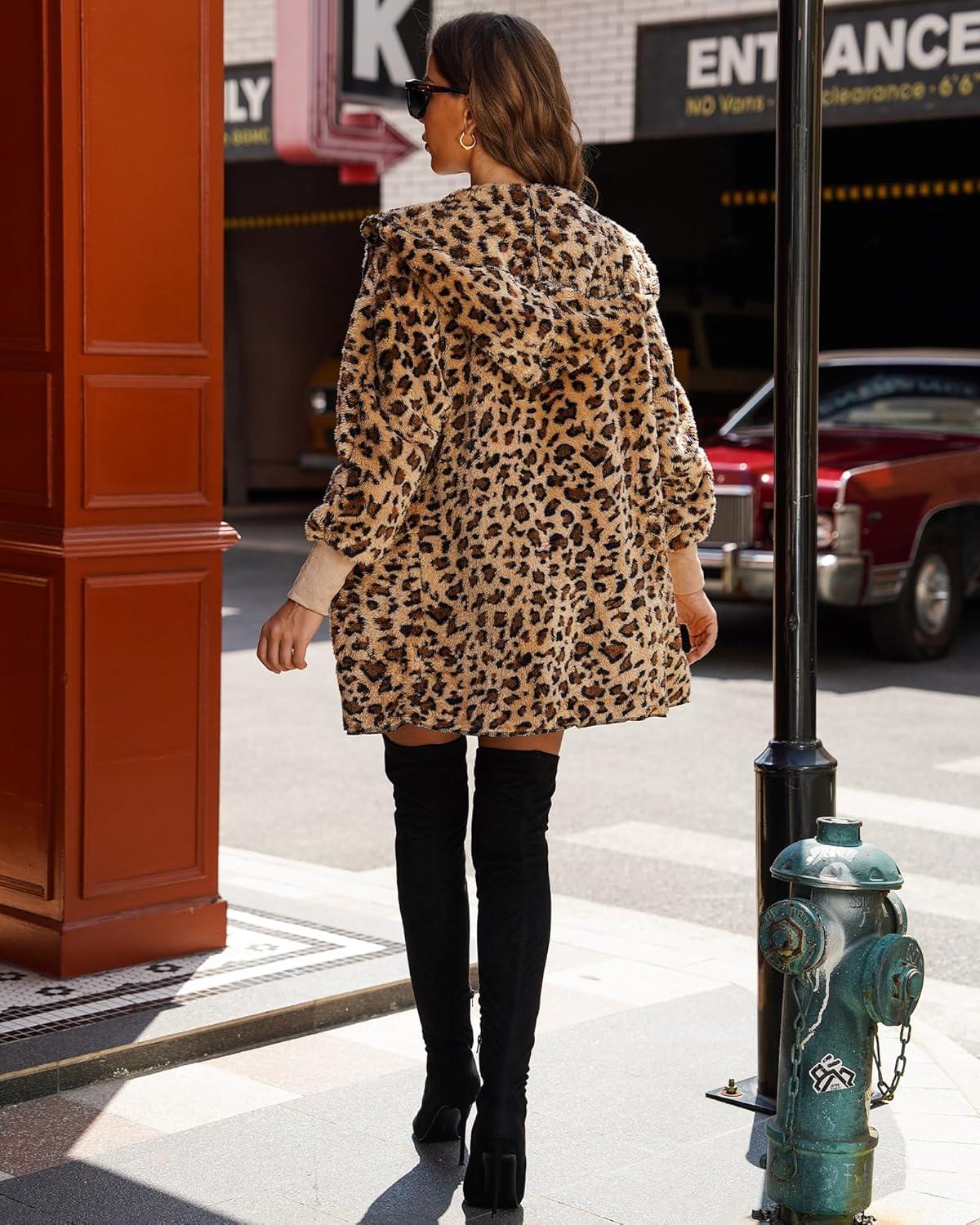 imageLookbookStore Womens Cardigan 2026 Winter Oversized Open Front Fleece Hooded Draped Pockets Jacket CoatsC Leopard