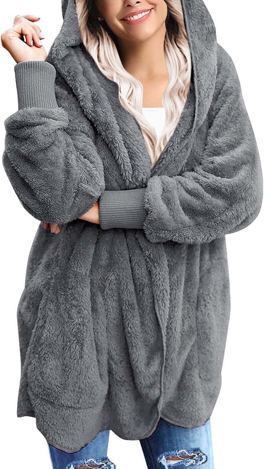 imageLookbookStore Womens Cardigan 2026 Winter Oversized Open Front Fleece Hooded Draped Pockets Jacket CoatsD Dark Grey