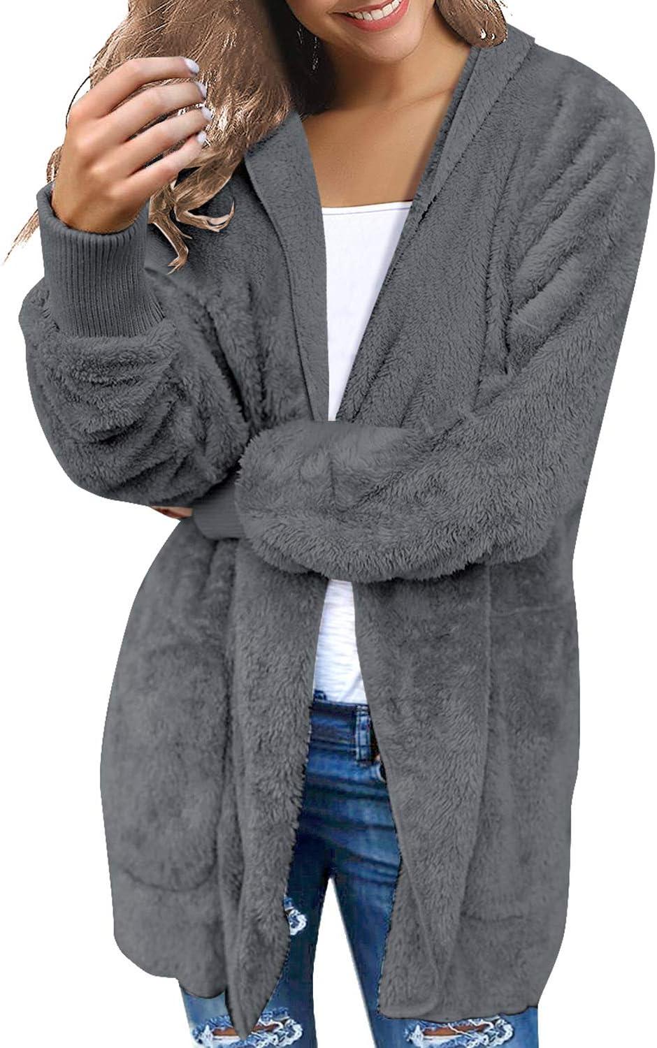 imageLookbookStore Womens Cardigan 2026 Winter Oversized Open Front Fleece Hooded Draped Pockets Jacket CoatsD Dark Grey