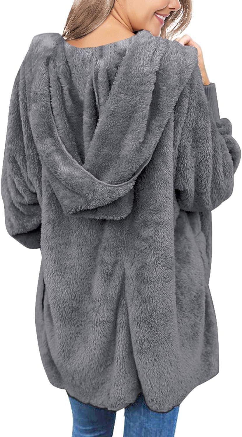 imageLookbookStore Womens Cardigan 2026 Winter Oversized Open Front Fleece Hooded Draped Pockets Jacket CoatsD Dark Grey