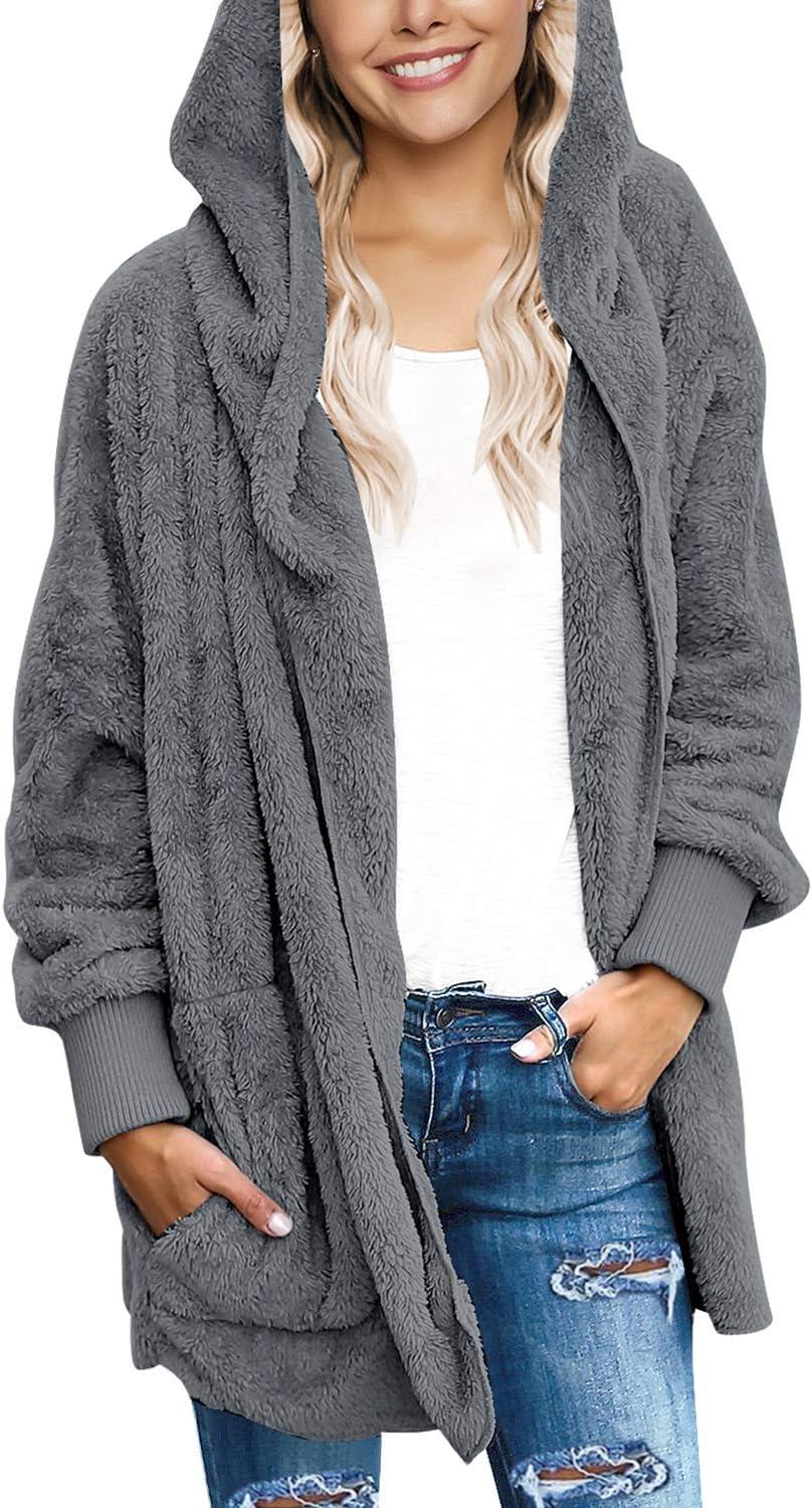 imageLookbookStore Womens Cardigan 2026 Winter Oversized Open Front Fleece Hooded Draped Pockets Jacket CoatsD Dark Grey
