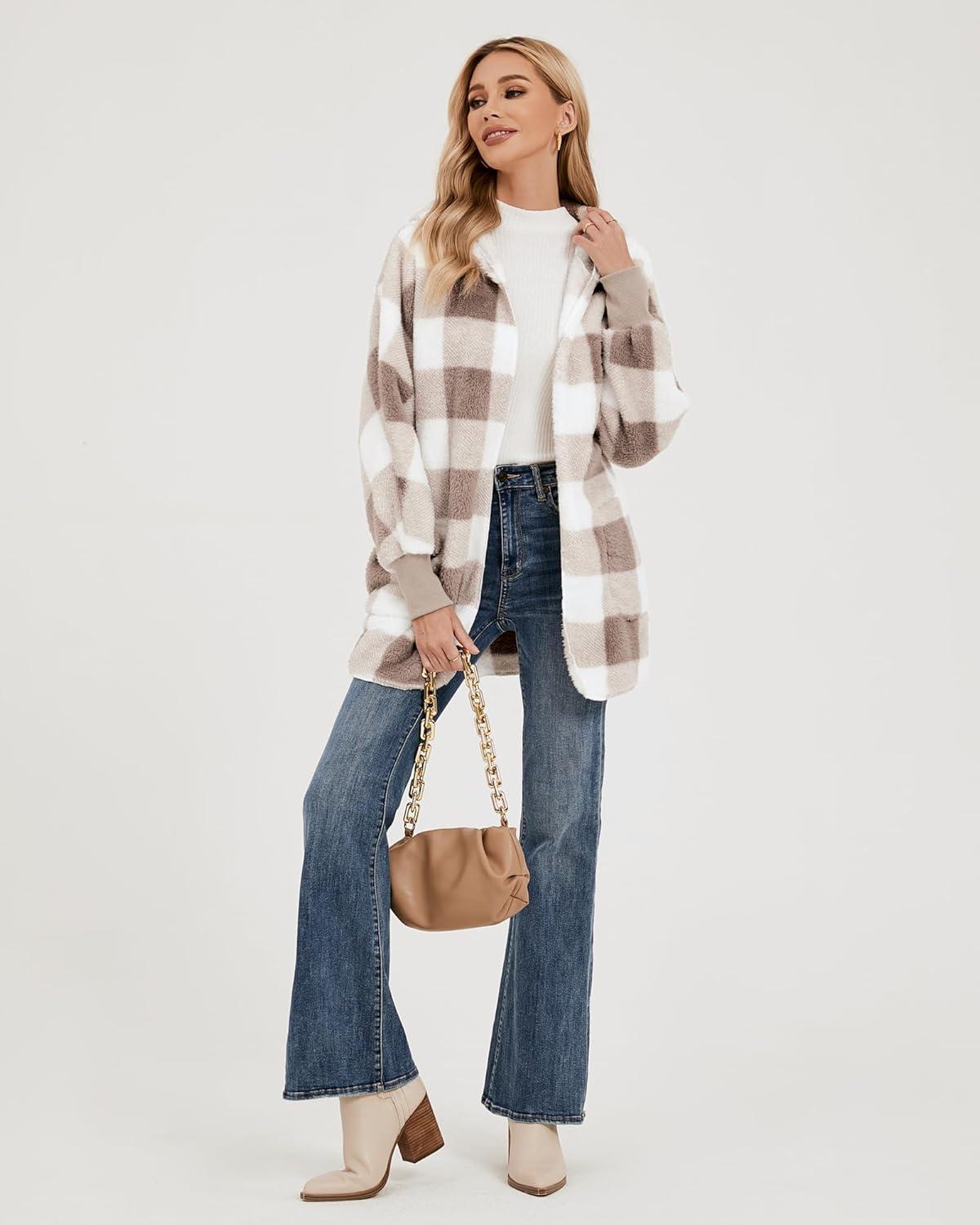 imageLookbookStore Womens Cardigan 2026 Winter Oversized Open Front Fleece Hooded Draped Pockets Jacket CoatsTaupe Plaid