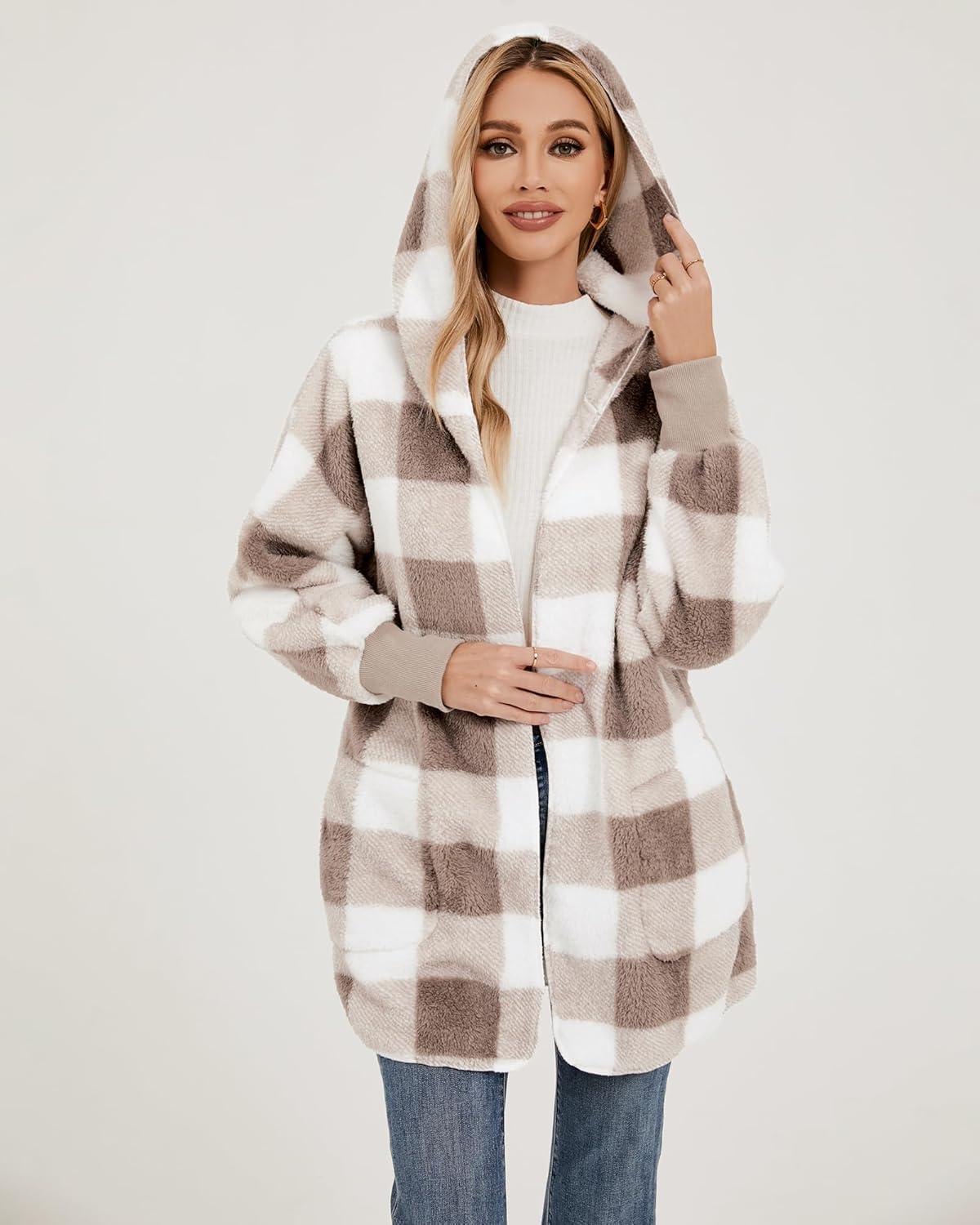 imageLookbookStore Womens Cardigan 2026 Winter Oversized Open Front Fleece Hooded Draped Pockets Jacket CoatsTaupe Plaid
