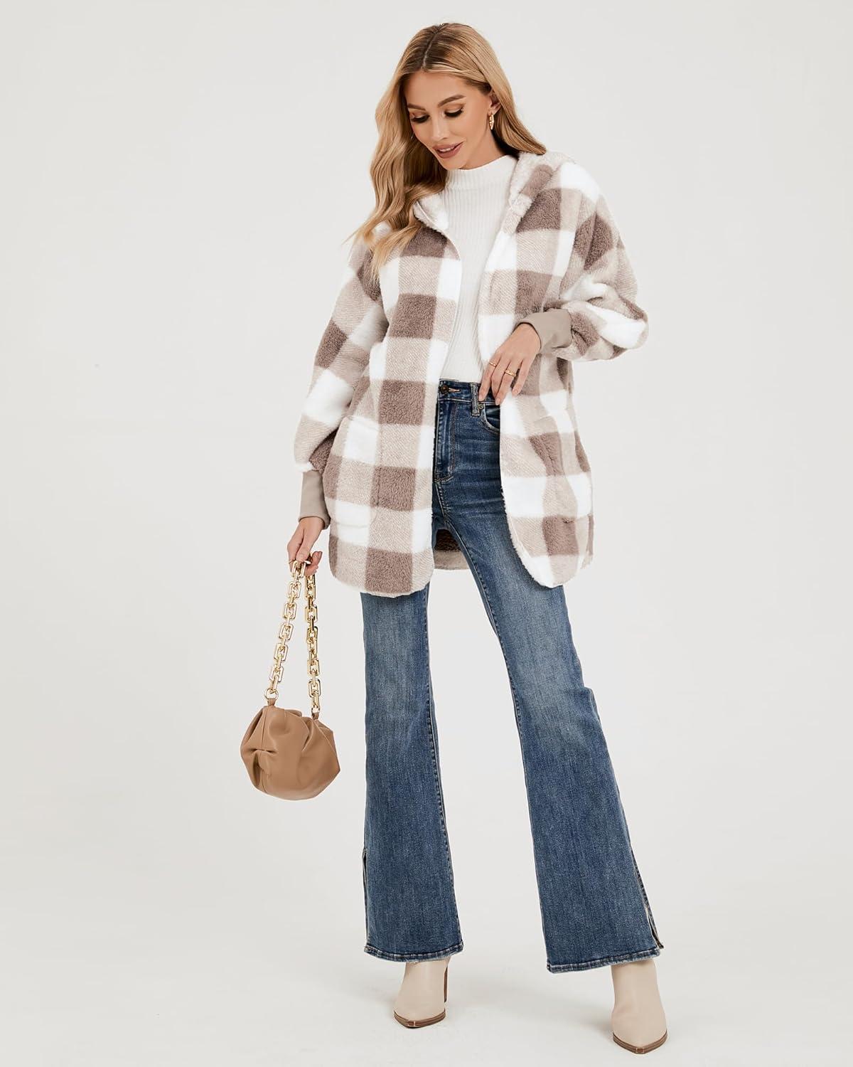 imageLookbookStore Womens Cardigan 2026 Winter Oversized Open Front Fleece Hooded Draped Pockets Jacket CoatsTaupe Plaid