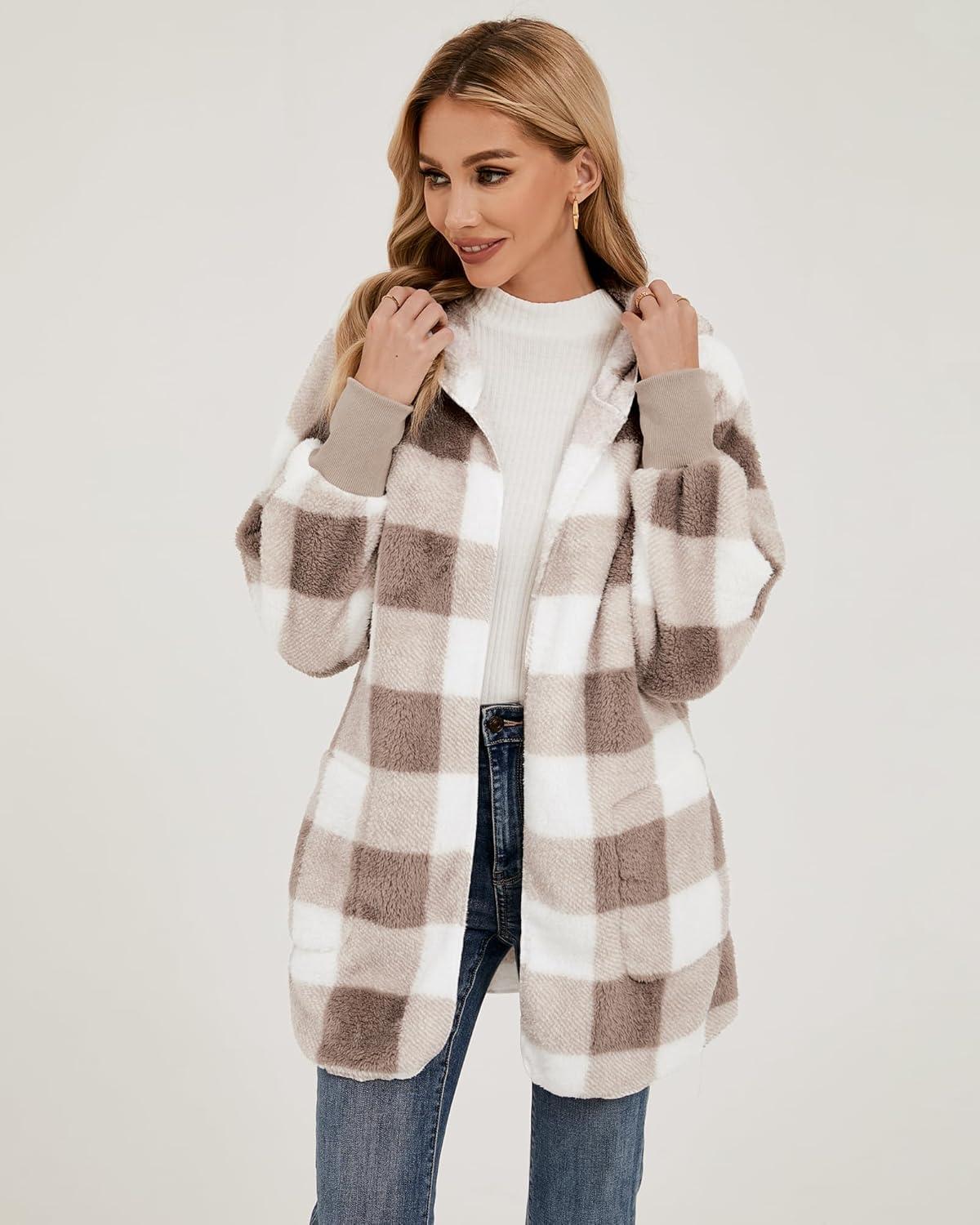 imageLookbookStore Womens Cardigan 2026 Winter Oversized Open Front Fleece Hooded Draped Pockets Jacket CoatsTaupe Plaid