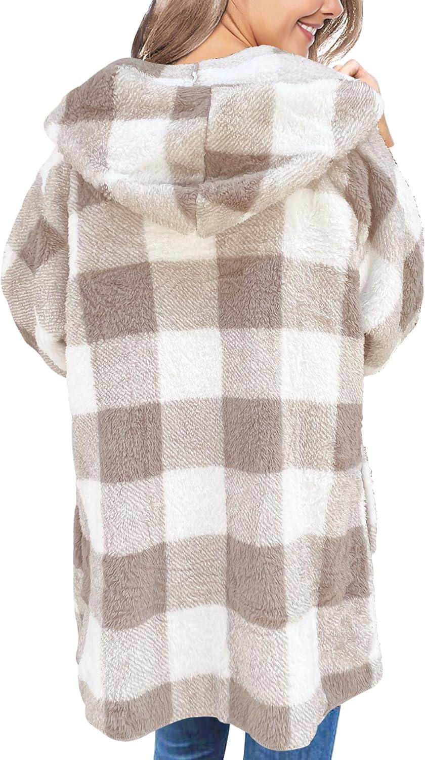 imageLookbookStore Womens Cardigan 2026 Winter Oversized Open Front Fleece Hooded Draped Pockets Jacket CoatsTaupe Plaid