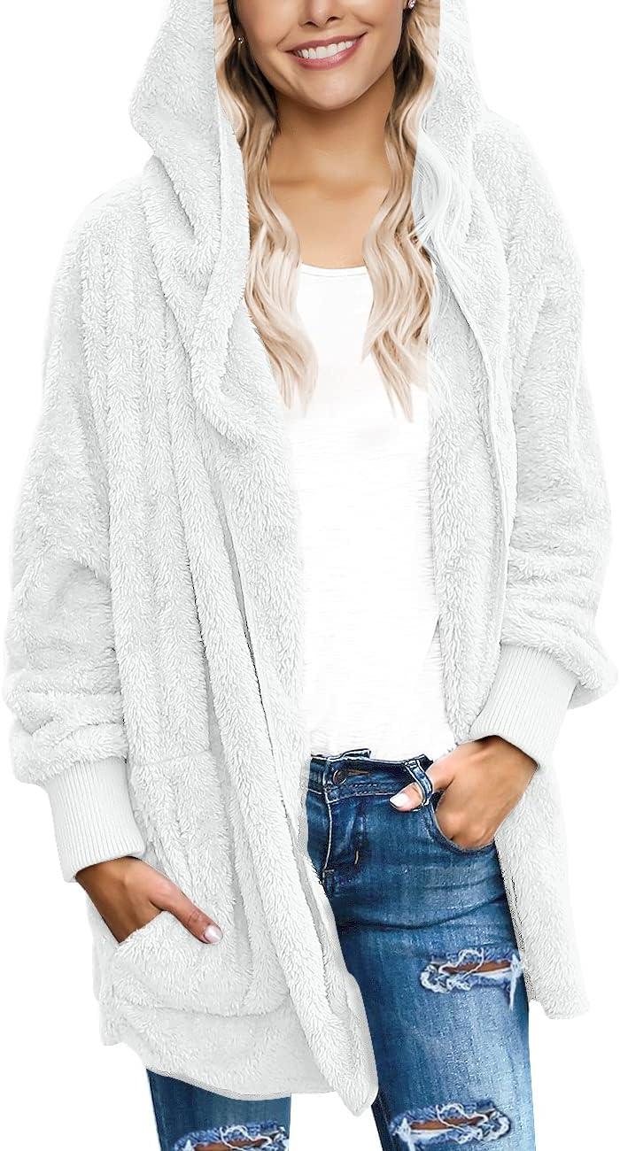 imageLookbookStore Womens Cardigan 2026 Winter Oversized Open Front Fleece Hooded Draped Pockets Jacket CoatsWhite
