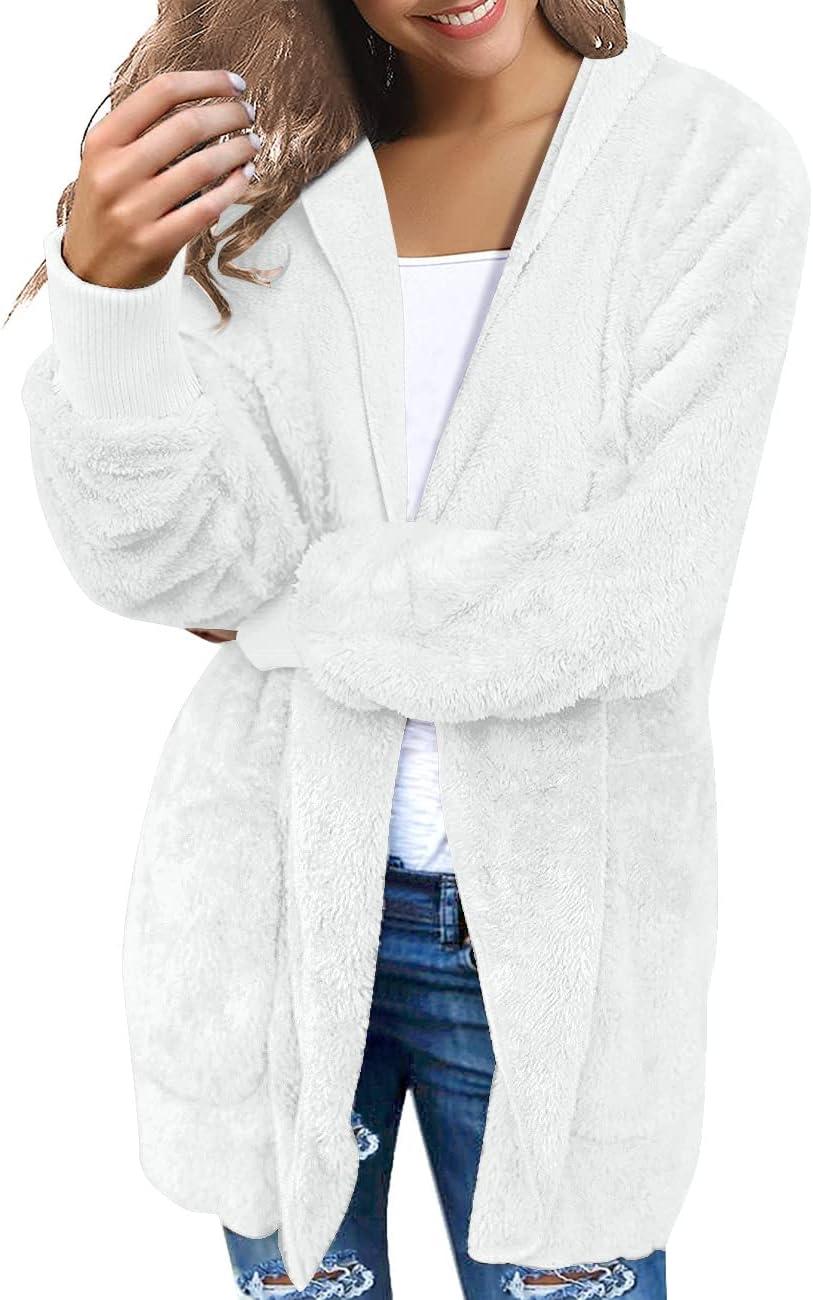 imageLookbookStore Womens Cardigan 2026 Winter Oversized Open Front Fleece Hooded Draped Pockets Jacket CoatsWhite