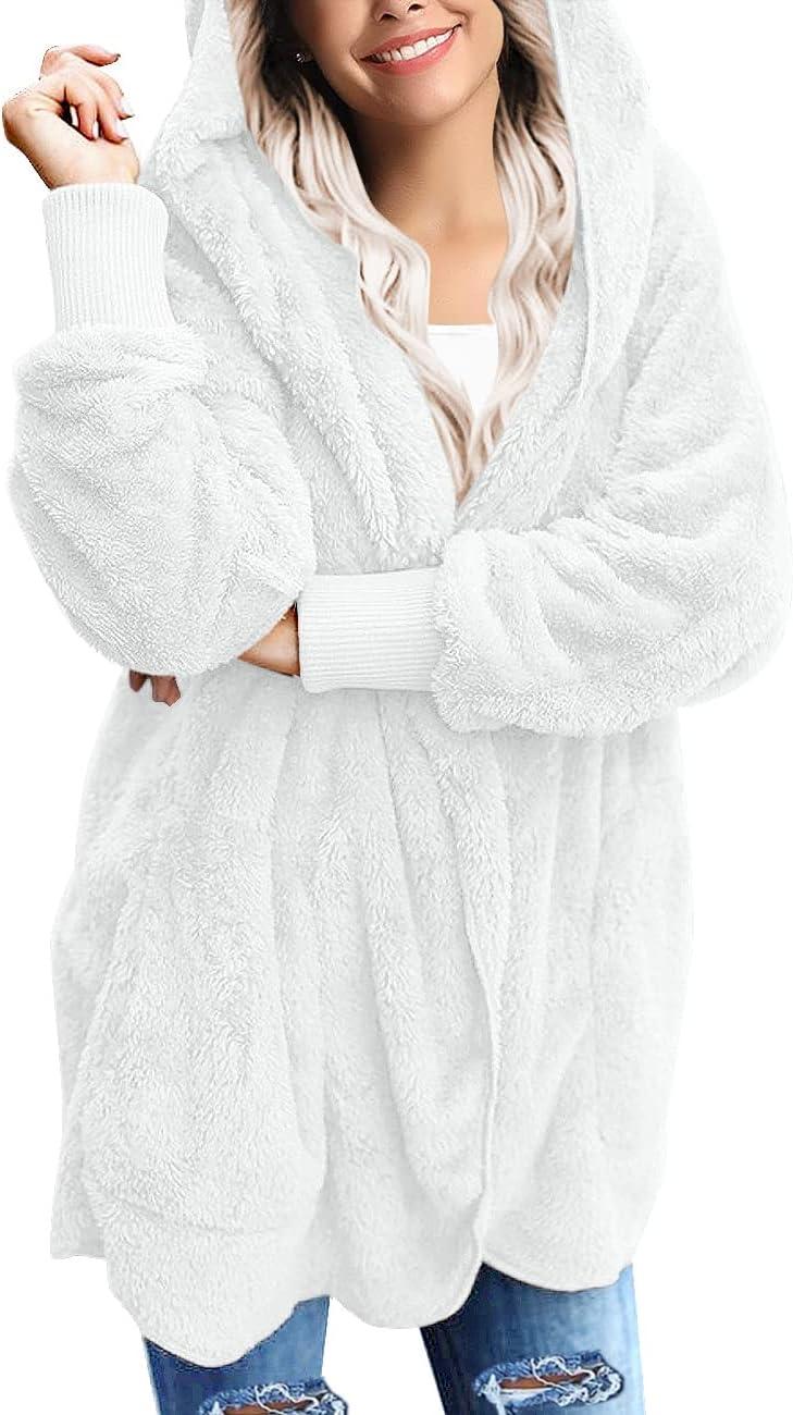 imageLookbookStore Womens Cardigan 2026 Winter Oversized Open Front Fleece Hooded Draped Pockets Jacket CoatsWhite
