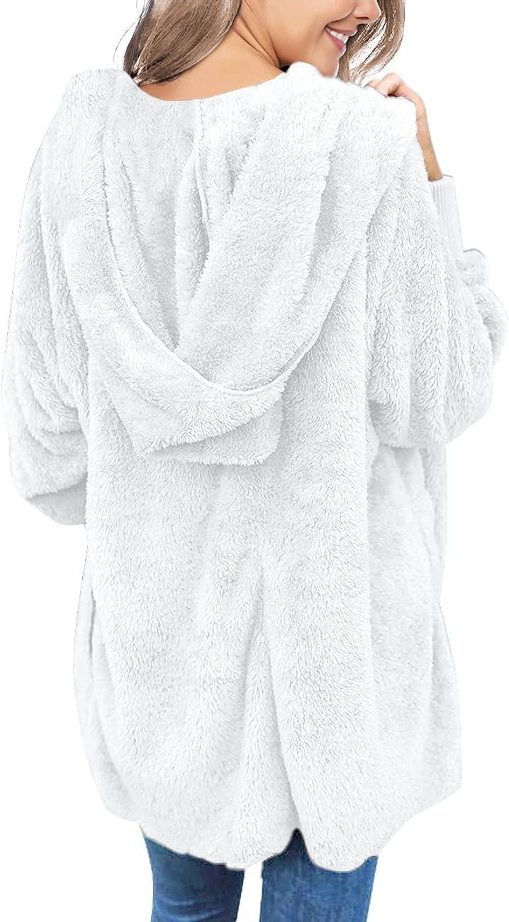 imageLookbookStore Womens Cardigan 2026 Winter Oversized Open Front Fleece Hooded Draped Pockets Jacket CoatsWhite