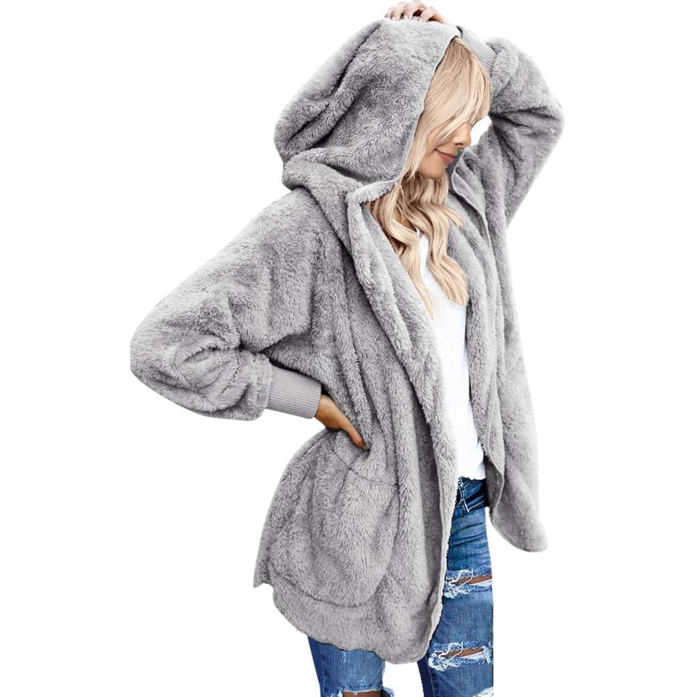 imageLookbookStore Womens Cardigan 2026 Winter Oversized Open Front Fleece Hooded Draped Pockets Jacket CoatsA Light Grey