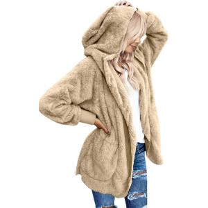 LookbookStore Womens Cardigan 2026 Winter Oversized Open Front Fleece Hooded Draped Pockets Jacket Coats(Apricot)