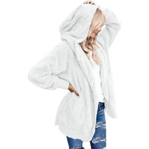 LookbookStore Womens Cardigan 2026 Winter Oversized Open Front Fleece Hooded Draped Pockets Jacket Coats(White)