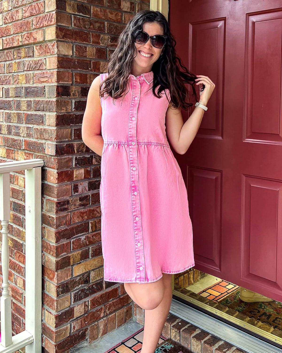 imageLookbookStore Denim Dress for Women Sleeveless Babydoll Button Down Short Jean Dresses Cute Summer OutfitsAurora Pink