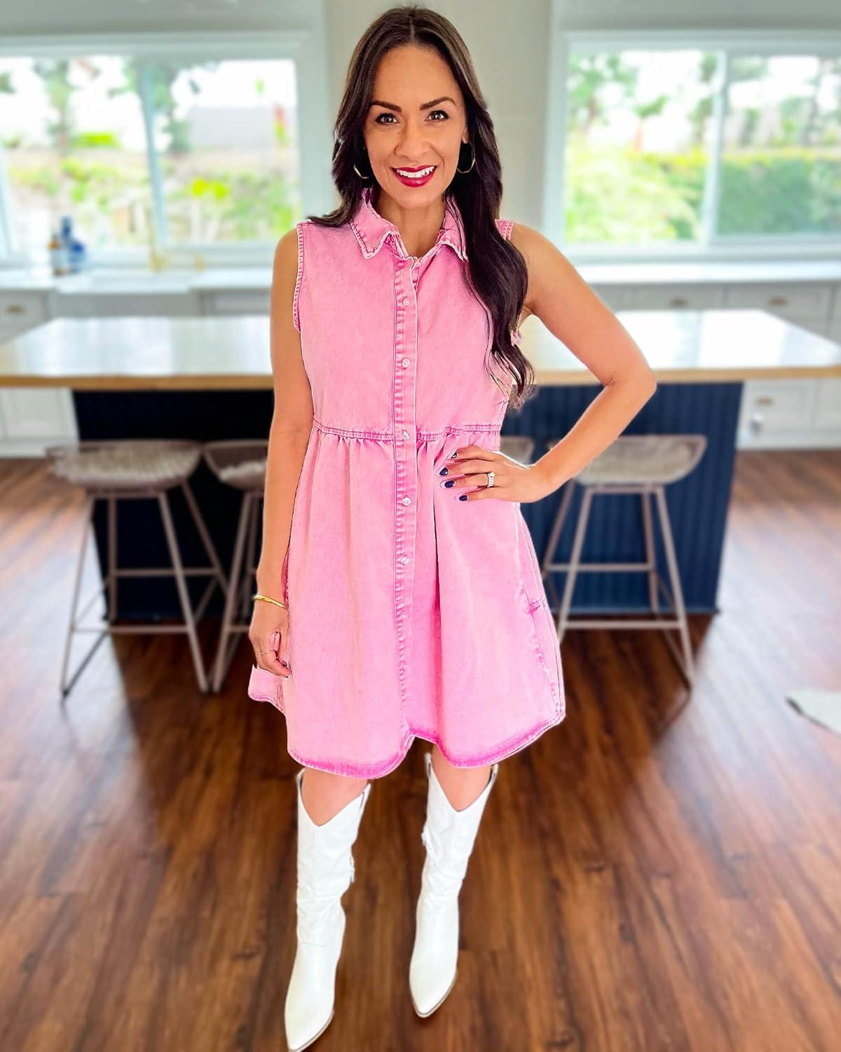 imageLookbookStore Denim Dress for Women Sleeveless Babydoll Button Down Short Jean Dresses Cute Summer OutfitsAurora Pink