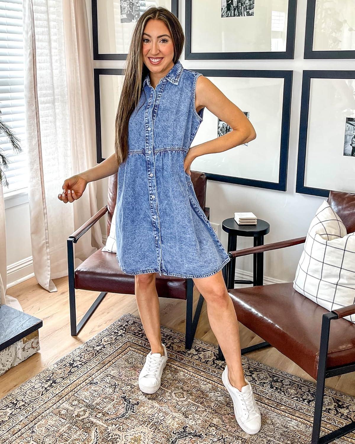 imageLookbookStore Denim Dress for Women Sleeveless Babydoll Button Down Short Jean Dresses Cute Summer OutfitsBay Blue