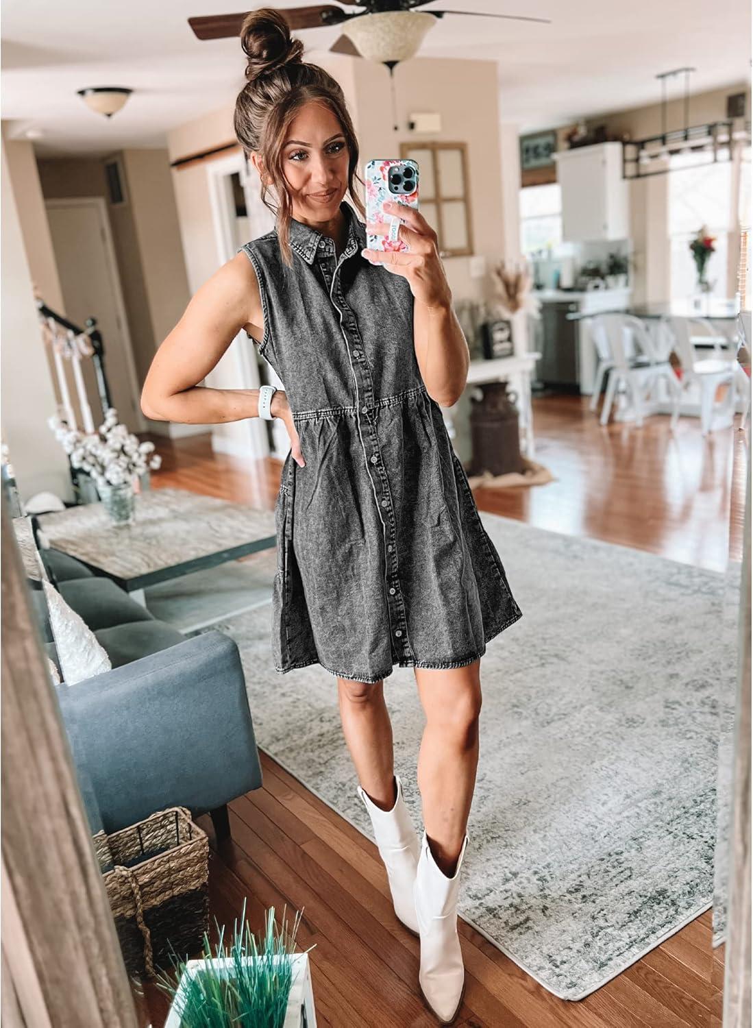 imageLookbookStore Denim Dress for Women Sleeveless Babydoll Button Down Short Jean Dresses Cute Summer OutfitsFoxy Gray