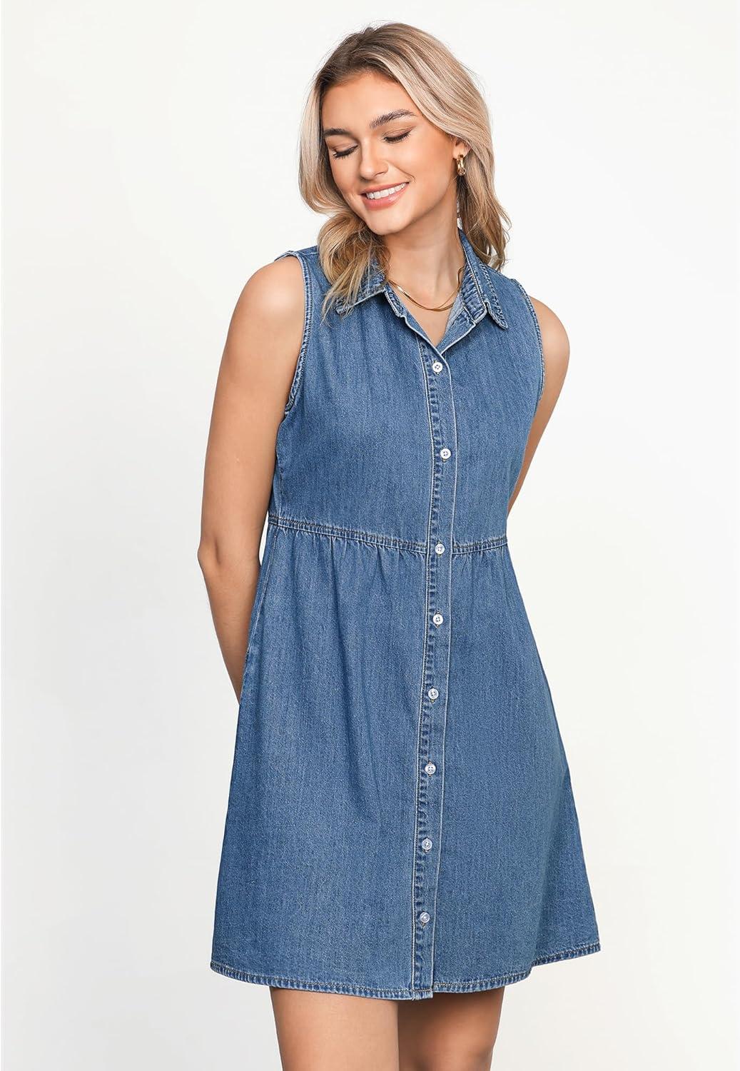 imageLookbookStore Denim Dress for Women Sleeveless Babydoll Button Down Short Jean Dresses Cute Summer OutfitsMedium Blue