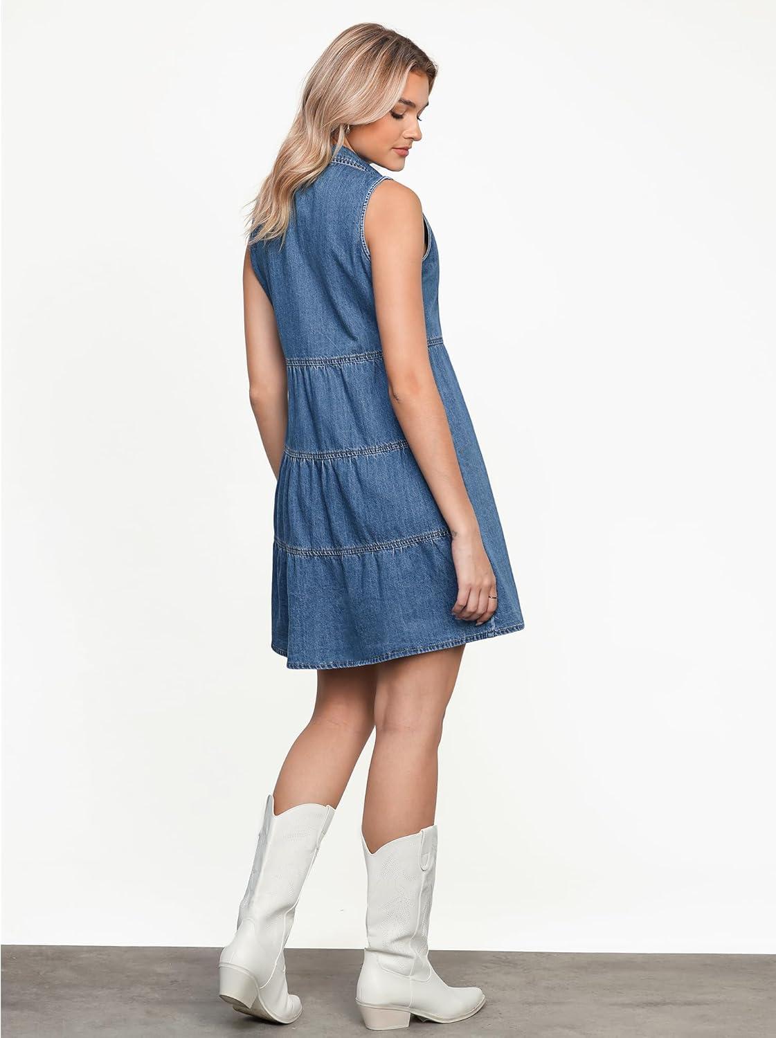 imageLookbookStore Denim Dress for Women Sleeveless Babydoll Button Down Short Jean Dresses Cute Summer OutfitsMedium Blue