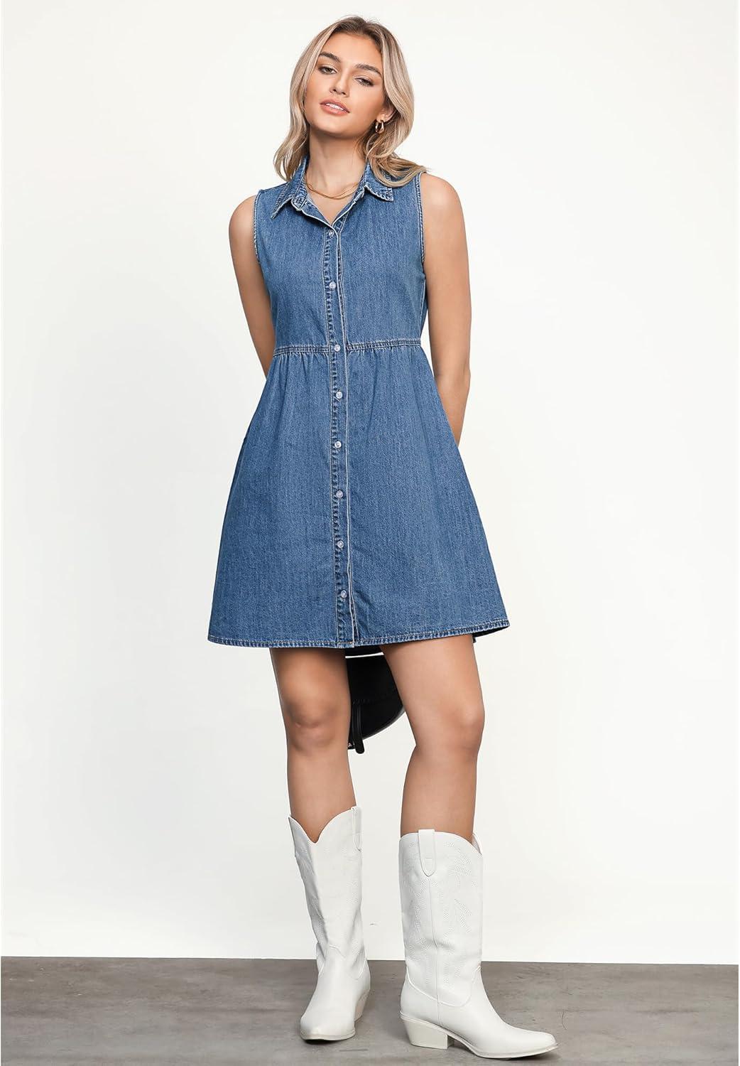 imageLookbookStore Denim Dress for Women Sleeveless Babydoll Button Down Short Jean Dresses Cute Summer OutfitsMedium Blue