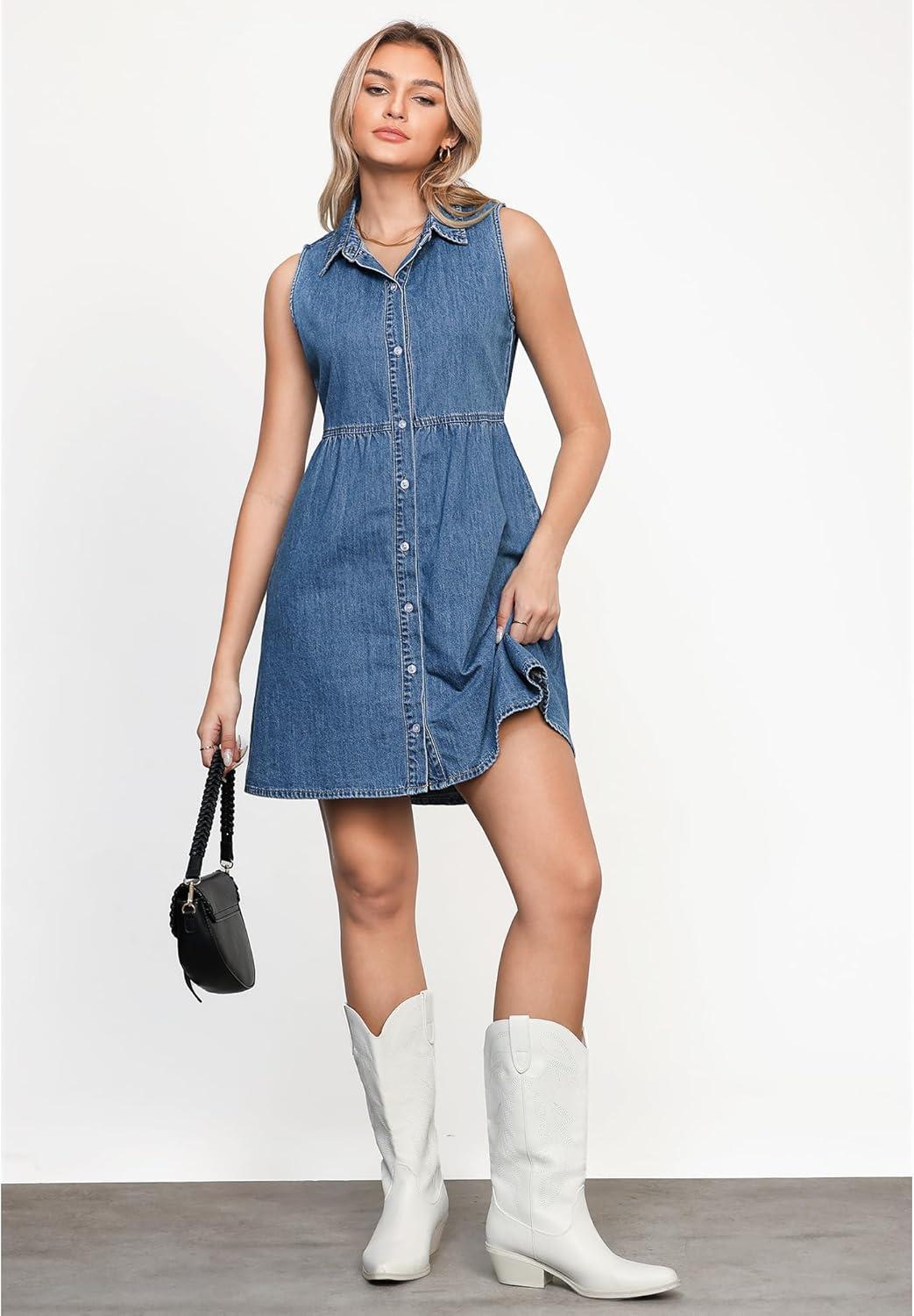 imageLookbookStore Denim Dress for Women Sleeveless Babydoll Button Down Short Jean Dresses Cute Summer OutfitsMedium Blue