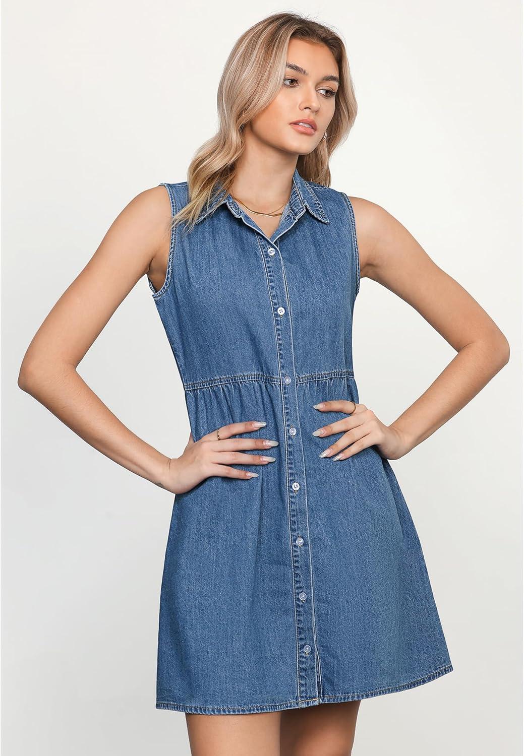 imageLookbookStore Denim Dress for Women Sleeveless Babydoll Button Down Short Jean Dresses Cute Summer OutfitsMedium Blue